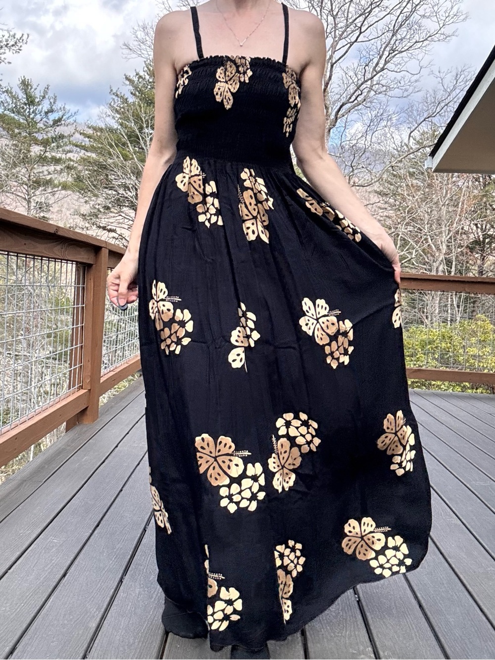 Vintage Handmade Indonesian Rayon Smocked Maxi Dress Black Tan Floral Boho